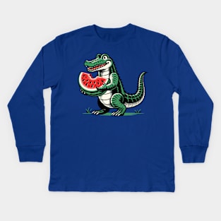 Alligator eats watermelon Kids Long Sleeve T-Shirt